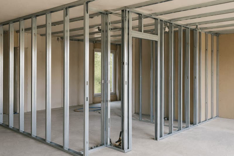 Metalstud regelwerk voor nieuwe binnenwanden en een deuropening in een woning tijdens verbouwing