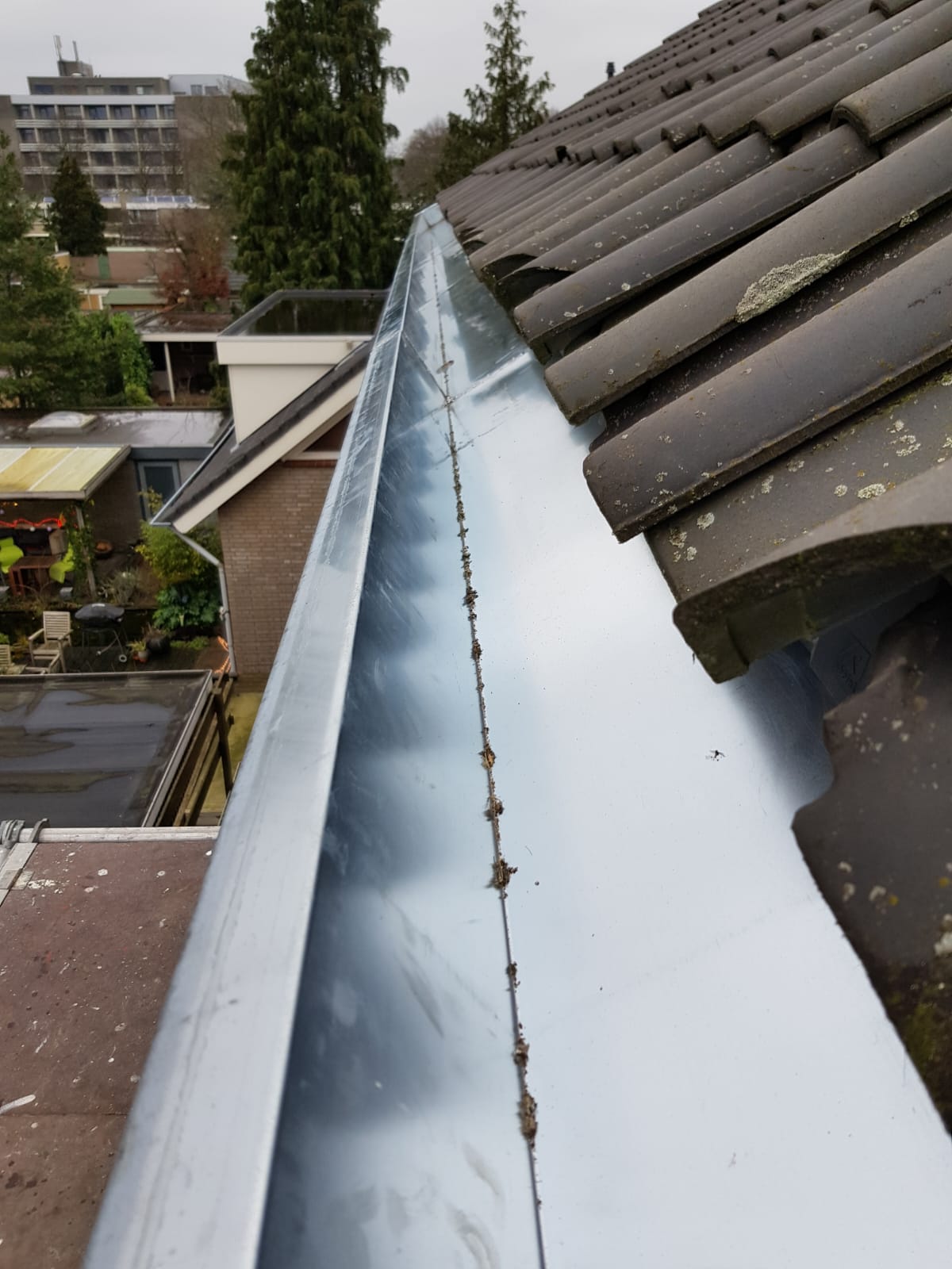 Nieuwe zinken dakgoot langs een pannendak tijdens een dakgootrenovatie